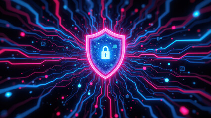 Stylized digital artwork featuring a glowing shield with a lock symbol, set against a vibrant cybernetic background that suggests internet security and technology themes.