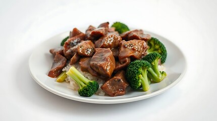 Glazed Meat with Sesame Seeds and Steamed Broccoli in Rich Sauce on White Plate
