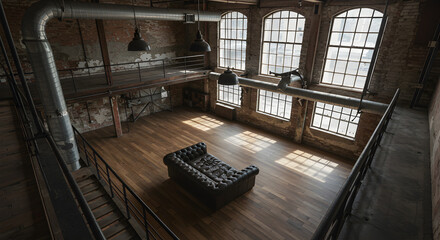 Spacious industrial loft apartment interior with vintage sofa and natural light