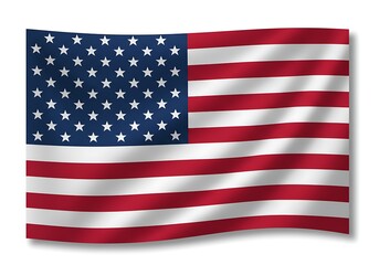 Naklejka premium A majestic American flag billowing proudly in the wind, showcasing vibrant red and white stripes against a deep blue field of stars.