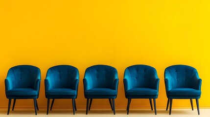 Obraz premium Modern Blue Armchairs in a Row on Vibrant Yellow Background for Interior Design Inspiration