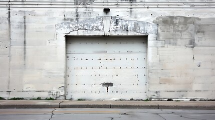 A weathered concrete wall with a closed garage door