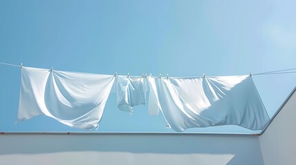 A  bright summer day light, satin light blue bedsheet sundrying in balcony on a string, low angle, clear blue sky, Generative AI illustrations.