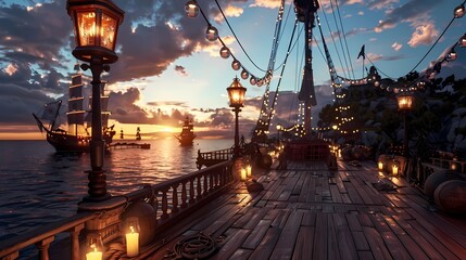 Naklejka premium A Pirate Ballet Dance Theater Background Scene, a Pirate Ship Deck, a Turkish style pirate bay in the distance, Generative AI illustrations.