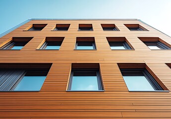 Fototapeta premium Modern Brown Wood Building Facade With Square Windows and Clear Blue Sky View