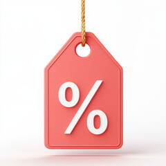 A 3D render of a flat, C4D-style discount tag, coral-colored, with a white percentage symbol on it. The tag hangs from a light brown string and is set against a clean white backgroun
