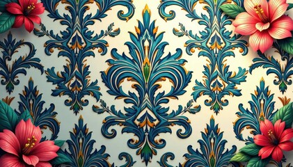 Intricate floral damask, elegant swirls and leaves , seamless pattern, pattern