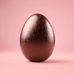 A chocolate egg with a textured surface, set against a plain pink background. The egg is centered in the frame, with a glossy finish that reflects light