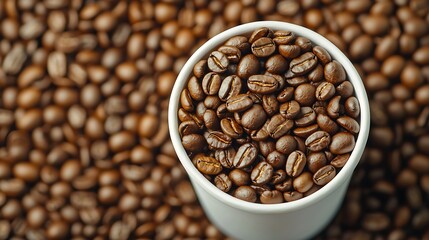 Fototapeta premium Aromatic Roasted Coffee Beans in a White Cup, Perfect for a Cozy Morning or Afternoon Beverage Presentation.