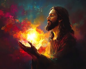 A portrait shows a man holding light with open palms