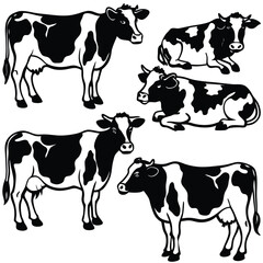 Black Cow silhouette vector icon set isolated on white background.