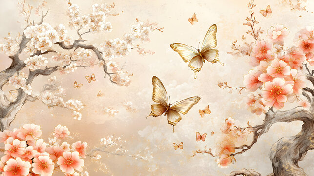 un fondo claro con ramas de arboles y flores delicadas y peque&ntilde;as con mariposas volando sobre el fondo dise&ntilde;o creativo y hermoso