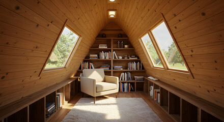 Cozy A-Frame Interior with Angled Ceilings and Cozy Reading Nook