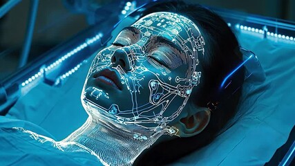 Futuristic medical scene depicting a woman in a high-tech medical bed with digital overlays - Powered by Adobe