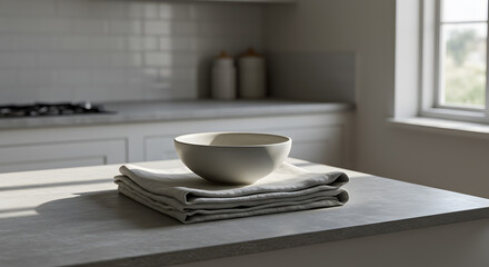 Ceramic Bowl And Neutral Linens In Modern Empty Kitchen Interior