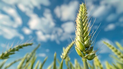 Close up a green stalk of wheat, Professional photography of Green wheat fields, blue sky, white clouds floating in the sky, Generative AI illustrations.