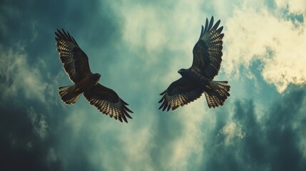 Obraz premium Two birds soar through dramatic, cloudy skies
