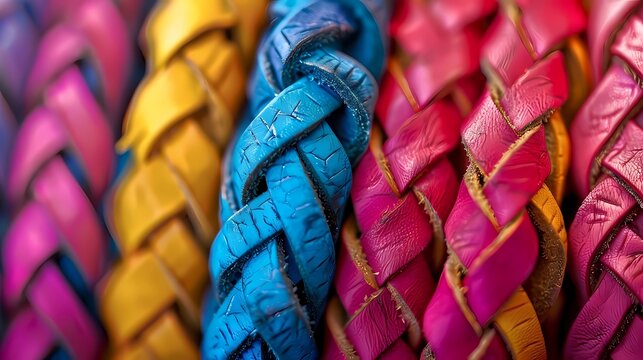 A macro detail of a leather scoubidou with mixed bright colors, Generative AI illustrations.