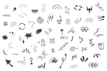 Sketch Doodle hand drawn emphasis arrow shape set. Hand drawn brush stroke, highlight, speech bubble, underline, sparkle element. Vector illustration. Crayon marker scribble sketch stroke arrow.