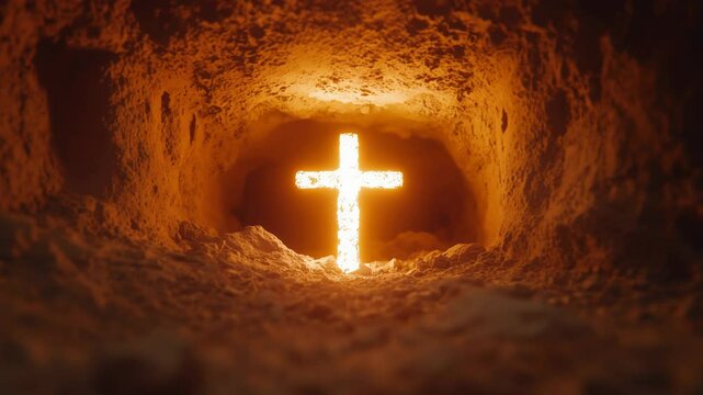 A Glowing Cross inside of a Earthly Tomb.