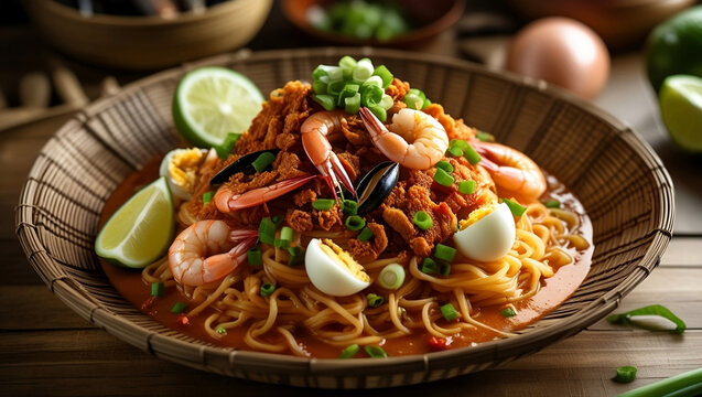 a freshly prepared Pancit Malabon, a famous Filipino noodle dish, served on a traditional round bilao (woven bamboo tray) or a stylish white ceramic plate