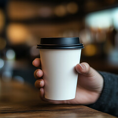 Customer's hand holding coffee cup. Close-up of a hand holding a paper coffee cup with a black lid, standing on a bar counter. 