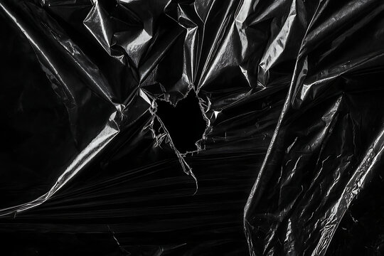 Torn black plastic with hole in the center, dramatic dark texture background symbolizing mystery, damage, secrecy, destruction, hidden danger, or abstract industrial and environmental concept

