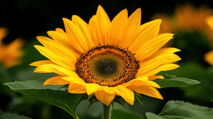 Obraz premium vibrant sunflower with bright yellow petals and dark center stands out against blurred green background, radiating warmth