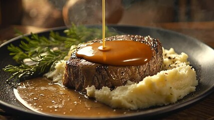 A beautifully plated steak with gravy, served on mashed potatoes and rosemary. - Powered by Adobe