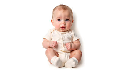 A serious, stern full-body baby portrait on a white background. The baby is swathed in a pure alabaster onesie, which provides a striking contrast to its rosy cheeks, 