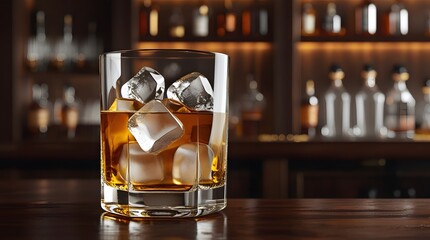 Glass of Whiskey with Ice on a Bar Counter with Bottles