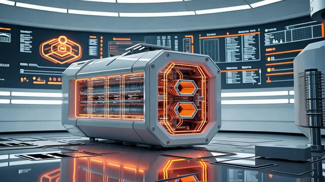 Futuristic energy core reactor system inside high-tech laboratory with illuminated control panels, glowing components, and sci-fi design

