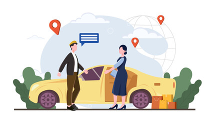 Taxi service concept with driver and woman. Vector illustration