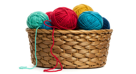 Colorful Yarn Balls in a Woven Basket on White Background Still Life