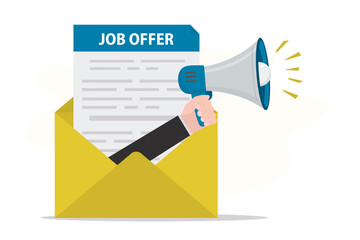 Employer or hr agent offers job. Boss hand uses loudspeaker announcement vacancies for new staff or applicants. Yellow envelope with job offer.