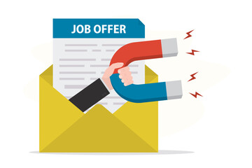 Employer or hr agent offers job. Boss hand uses magnet and attract new staff or applicants. Yellow envelope with job offer. Concept of recruitment and interview process.