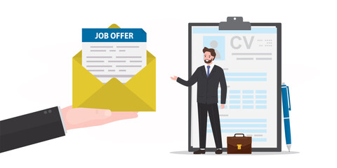 Job seeker with excellent cv or resume. Employer offers job to businessman after interview. Boss hand give envelope with job offer. Concept of recruitment and interview