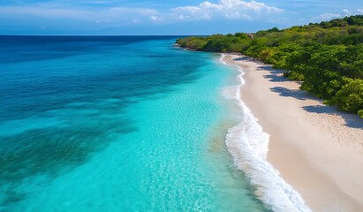 Tropical Beach Paradise Clear Turquoise Water, White Sand, Green Forest Shoreline