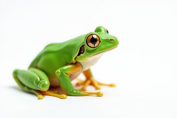 Obraz premium Solitary bright green frog on pure white backdrop, herpetology, amphibian