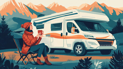 Road trip l woman sits with cup of tea in front of motorhome