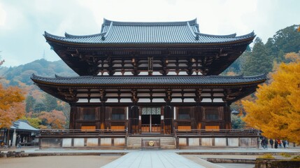 Japanese traditional architecture temple with autumnal foliage landscape