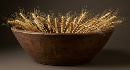 Antique Wooden Dough Bowl Filled with Dried Wheat Stalks in Rustic Style