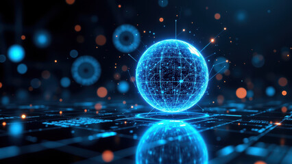 Fototapeta premium Cybersecurity digital globe on a networked grid with data points and tech elements.