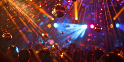 Vibrant Nightclub Atmosphere: Disco Ball Lights and Dancing Crowd