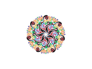 A vibrant and intricate design of a mandala or kaleidoscope floral pattern circular shape