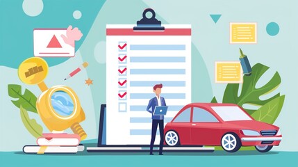 Businessman Using Laptop to Manage Insurance Online, Reviewing Checklist with Icons for Car, Health, Travel, Family, Accident Protection, and International Credibility in Insurance Plans
