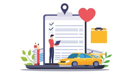 Businessman Using Laptop to Manage Insurance Online, Reviewing Checklist with Icons for Car, Health, Travel, Family, Accident Protection, and International Credibility in Insurance Plans