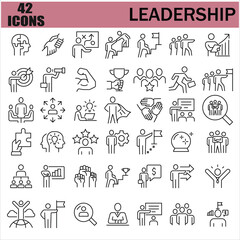 leadership icon set. 42 line leadership icons. Simple modern icons about - enterprise, teamwork, career promotion, businesswoman, agreement, meeting, team, businessman, employee. EPS 10.