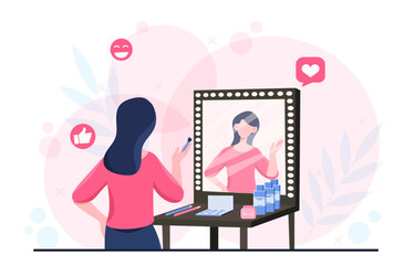 Woman applying makeup at vanity table. Vector illustration