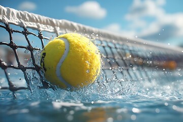 A yellow ball with a white line hitting a net against a background of blue. Water sprays around the ball.